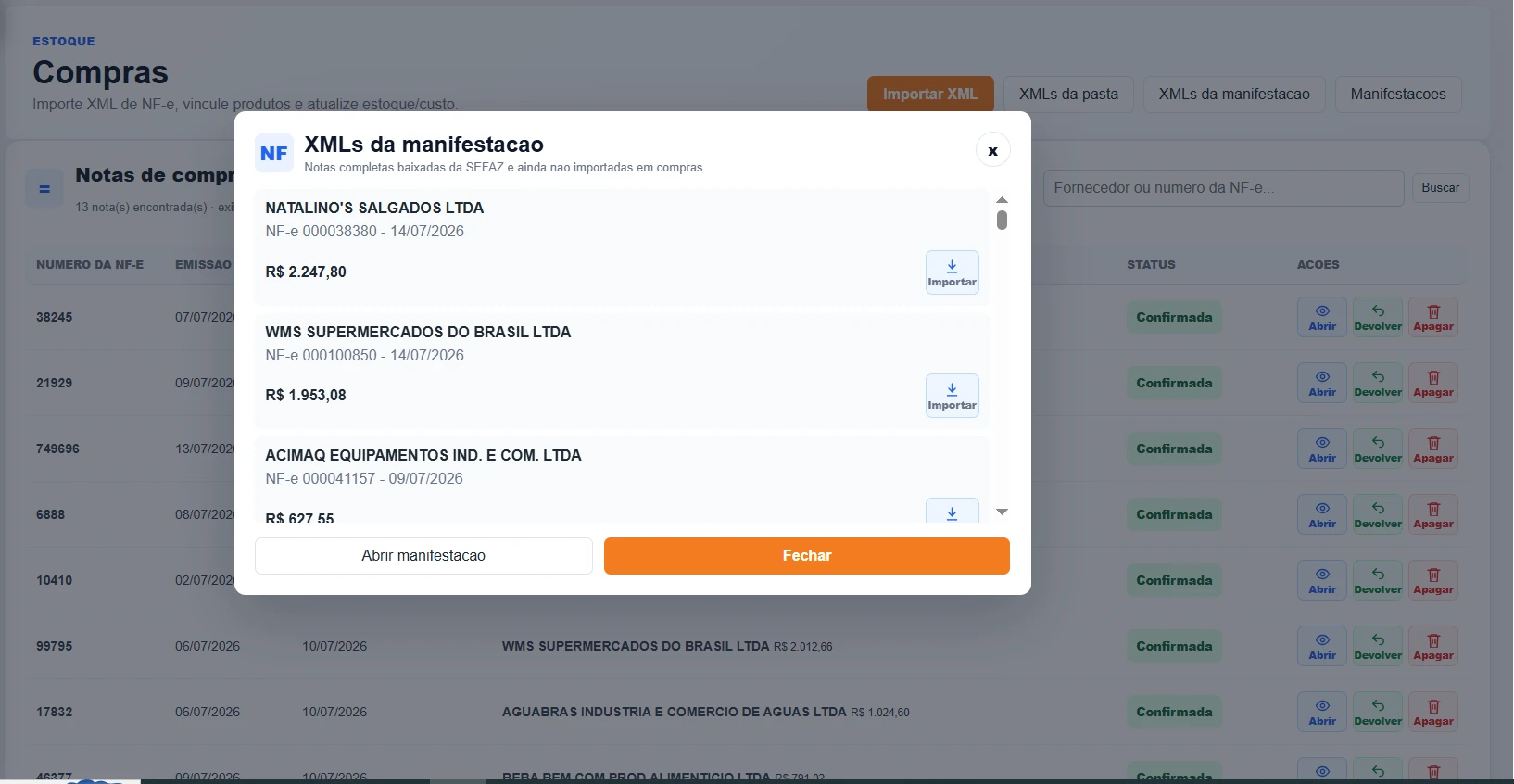 Importação de XML de compras